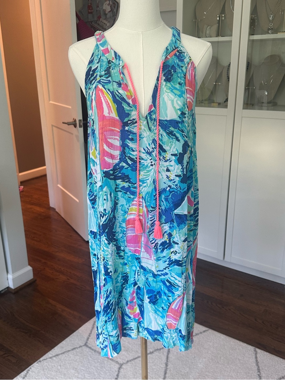 Lilly Pulitzer Roxi Swing Dress in blue and coral "Hey Bay Bay" print size L